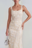 Floral Pink Corset Square Neck Sheath Midi Wedding Guest Dress