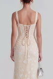 Floral Pink Corset Square Neck Sheath Midi Wedding Guest Dress