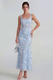 Floral Pink Corset Square Neck Sheath Midi Wedding Guest Dress