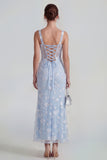 Floral Pink Corset Square Neck Sheath Midi Wedding Guest Dress