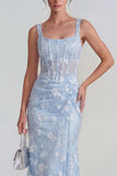 Floral Pink Corset Square Neck Sheath Midi Wedding Guest Dress