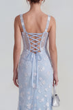 Floral Pink Corset Square Neck Sheath Midi Wedding Guest Dress