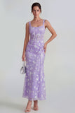 Floral Pink Corset Square Neck Sheath Midi Wedding Guest Dress