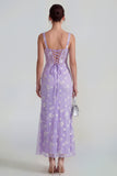Floral Pink Corset Square Neck Sheath Midi Wedding Guest Dress