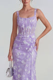 Floral Pink Corset Square Neck Sheath Midi Wedding Guest Dress