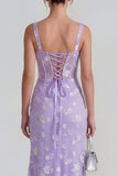 Floral Pink Corset Square Neck Sheath Midi Wedding Guest Dress