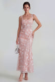 Floral Pink Corset Square Neck Sheath Midi Wedding Guest Dress