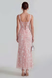 Floral Pink Corset Square Neck Sheath Midi Wedding Guest Dress