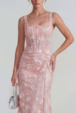 Floral Pink Corset Square Neck Sheath Midi Wedding Guest Dress