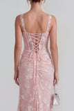 Floral Pink Corset Square Neck Sheath Midi Wedding Guest Dress