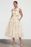 Floral Illusion Neck Apricot A Line Wedding Guest Dress with Bow