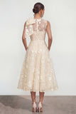 Floral Illusion Neck Apricot A Line Wedding Guest Dress with Bow