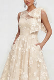 Floral Illusion Neck Apricot A Line Wedding Guest Dress with Bow