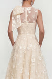 Floral Illusion Neck Apricot A Line Wedding Guest Dress with Bow