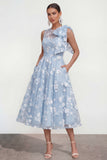 Floral Illusion Neck Apricot A Line Wedding Guest Dress with Bow