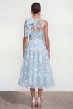 Floral Illusion Neck Apricot A Line Wedding Guest Dress with Bow