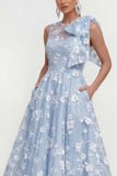 Floral Illusion Neck Apricot A Line Wedding Guest Dress with Bow