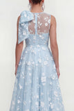 Floral Illusion Neck Apricot A Line Wedding Guest Dress with Bow