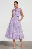 Floral Illusion Neck Apricot A Line Wedding Guest Dress with Bow