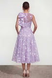Floral Illusion Neck Apricot A Line Wedding Guest Dress with Bow