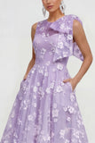 Floral Illusion Neck Apricot A Line Wedding Guest Dress with Bow