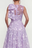 Floral Illusion Neck Apricot A Line Wedding Guest Dress with Bow