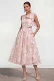 Floral Illusion Neck Apricot A Line Wedding Guest Dress with Bow