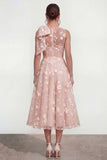 Floral Illusion Neck Apricot A Line Wedding Guest Dress with Bow