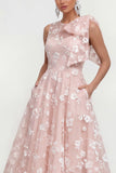 Floral Illusion Neck Apricot A Line Wedding Guest Dress with Bow