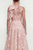 Floral Illusion Neck Apricot A Line Wedding Guest Dress with Bow