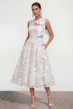 Floral Illusion Neck Apricot A Line Wedding Guest Dress with Bow