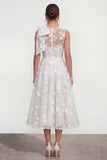 Floral Illusion Neck Apricot A Line Wedding Guest Dress with Bow