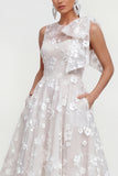 Floral Illusion Neck Apricot A Line Wedding Guest Dress with Bow