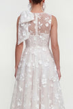 Floral Illusion Neck Apricot A Line Wedding Guest Dress with Bow