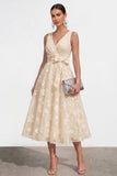 Lilac A Line V-Neck Floral Wedding Guest Dress with Bow