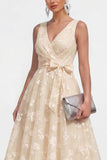 Lilac A Line V-Neck Floral Wedding Guest Dress with Bow