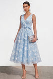Lilac A Line V-Neck Floral Wedding Guest Dress with Bow