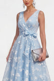 Lilac A Line V-Neck Floral Wedding Guest Dress with Bow