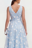 Lilac A Line V-Neck Floral Wedding Guest Dress with Bow