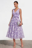 Lilac A Line V-Neck Floral Wedding Guest Dress with Bow