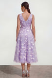 Lilac A Line V-Neck Floral Wedding Guest Dress with Bow