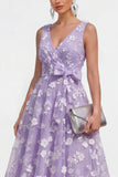 Lilac A Line V-Neck Floral Wedding Guest Dress with Bow