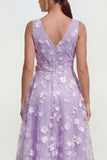 Lilac A Line V-Neck Floral Wedding Guest Dress with Bow