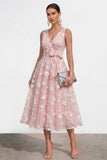 Lilac A Line V-Neck Floral Wedding Guest Dress with Bow