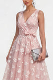 Lilac A Line V-Neck Floral Wedding Guest Dress with Bow