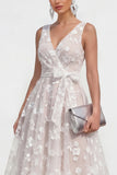 Lilac A Line V-Neck Floral Wedding Guest Dress with Bow