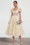 Blue Corset Floral A Line Wedding Guest Dress with Puff Sleeves
