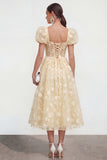 Blue Corset Floral A Line Wedding Guest Dress with Puff Sleeves