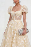 Blue Corset Floral A Line Wedding Guest Dress with Puff Sleeves