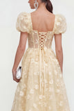 Blue Corset Floral A Line Wedding Guest Dress with Puff Sleeves